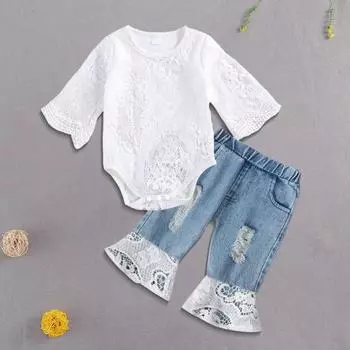 2 шт./комплект детский костюм ажурный кружевной топ с цветочной вышивкой круглый вырез 70cm белый