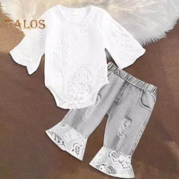 2 шт./комплект детский костюм ажурный кружевной топ с цветочной вышивкой круглый вырез комбинезон эластичный пояс джинсовые брюки детский наряд для весенних выходов вечеринок 70cm белый