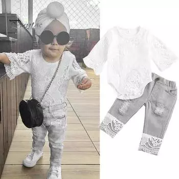 2 шт./комплект детский костюм ажурный кружевной топ с цветочной вышивкой круглый вырез комбинезон эластичный пояс джинсовые брюки детский наряд для весенних выходов вечеринок 70cm белый