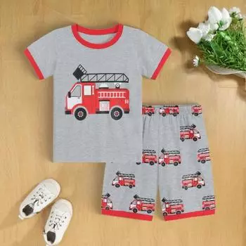 2 шт./комплект детский костюм с верхом и брюками, мультяшный рисунок грузовика, пижама с круглым вырезом, короткий рукав, летний наряд, унисекс, повседневная домашняя одежда 6-7 Years темно-серого