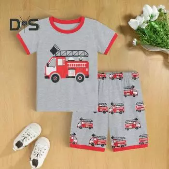 2 шт./комплект детский костюм с верхом и брюками, мультяшный рисунок грузовика, пижама с круглым вырезом, короткий рукав, летний наряд, унисекс, повседневная домашняя одежда 4-5 Years темно-синий