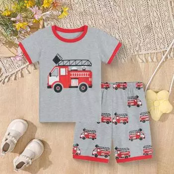 2 шт./комплект детский костюм верх брюки мультяшный грузовик печать O-образный вырез пижама 2-3 Years темно-синий