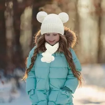 2 шт./комплект детский шапка шарф комплект утолщенный плюшевый вязаный противоскользящий меховой шарик декор белый