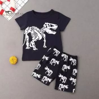 2 шт./комплект детский топ брюки костюм мультяшный динозавр принт O-образный вырез пижама короткий рукав летний наряд унисекс повседневная домашняя одежда одежда 6-7 Years зелёный