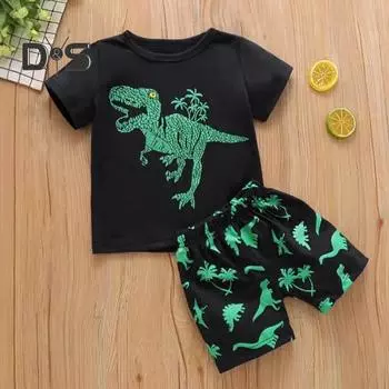 2 шт./комплект детский топ брюки костюм мультяшный динозавр принт O-образный вырез пижама короткий рукав летний наряд унисекс повседневная домашняя одежда одежда 6-7 Years белый
