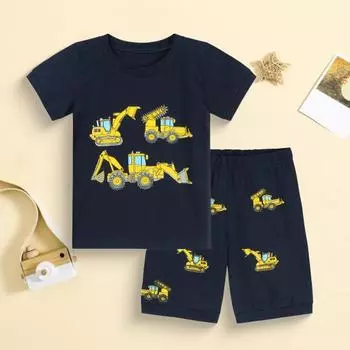 2 шт./комплект детский топ брюки костюм мультяшный грузовик печать O-образный вырез пижама короткая 2-3 Years темно-синий