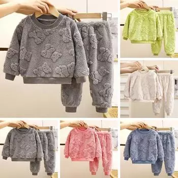 2 шт./комплект детской домашней одежды, толстый плюшевый топ и штаны, комплект с рисунком медведя из мультфильма, пижама с круглым вырезом, сохраняющая тепло, унисекс, детская домашняя одежда 90 cm розовый