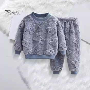 2 шт./комплект детской домашней одежды, толстый плюшевый топ и штаны, комплект с рисунком медведя из мультфильма, пижама с круглым вырезом, сохраняющая тепло, унисекс, детская домашняя одежда 120 cm синий