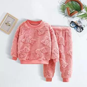 2 шт./комплект детской домашней одежды, толстый плюшевый топ и штаны, комплект с рисунком медведя из мультфильма, пижама с круглым вырезом, сохраняющая тепло, унисекс, детская домашняя одежда 120 cm розовый