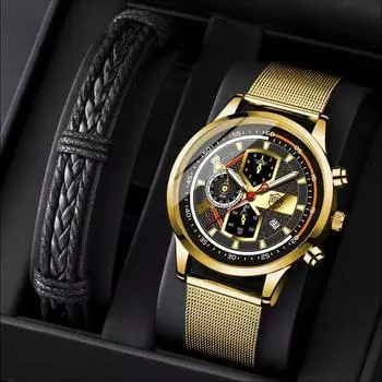 2 шт./комплект DEYROS мужские деловые спортивные кварцевые часы из нержавеющей стали с сетчатым ремешком наручные часы и браслет, подарки на День отца и День святого Валентина для него