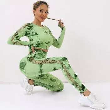 2 шт., комплект для йоги с полым принтом тай-дай для женщин, бесшовный спортивный костюм, топ для фитнеса с леггинсами для тренировок, спортивная одежда S синий