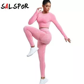 2 шт. комплект для йоги женский бесшовный топ для фитнеса с длинными рукавами комплект для йоги пуш-ап спортивные модные леггинсы с высокой талией костюм для йоги L синий