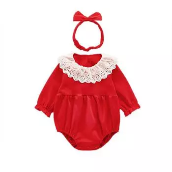 2 шт./комплект хлопковые комбинезоны для девочек с длинными рукавами и треугольными чашечками + повязка на голову для детей от 0 до 2 лет 66CM красный