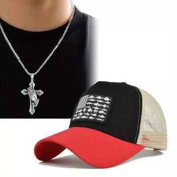 2 шт., комплект из 2-х предметов: бейсбольная кепка для мужчин и женщин, сетчатая кепка с язычком утки, ожерелье с подвеской в виде креста, модная повседневная пара, кепка для дальнобойщика, солнцезащитная кепка для дальнобойщика, сетчатая кепка чёрный