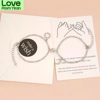 2 шт. /Комплект из нержавеющей стали Солнце Луна Парный браслет Магнит привлекает любовь Ювелирные изделия для женщин и мужчин Nk цепи браслеты карты подарки серебряный