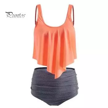 2 шт./комплект купальник костюм U-образный вырез спинка струящийся подол купальный топ цветочный принт высокая талия купальные трусы комплект пляжная одежда S оранжевый