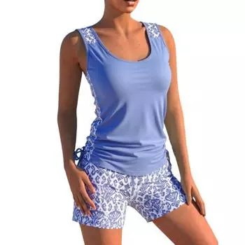 2 шт./комплект купальник костюм V-образный вырез без рукавов завязки по бокам топы с высокой талией плавки комплект принт раздельный купальник S синий