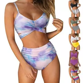 2 шт./комплект купальник с принтом сексуальный без косточек бикини комплект спереди крест накрест на лето S разноцветный