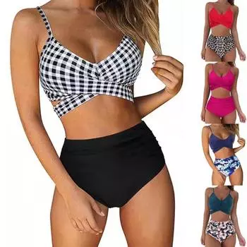 2 шт./комплект купальник с принтом раздельный тип леопардовый спереди крест бикини комплект L розы красного