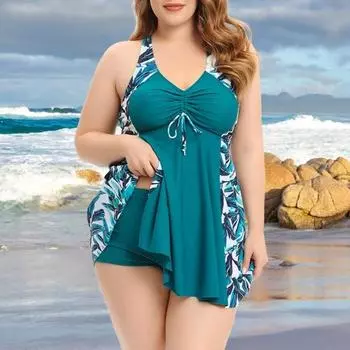 2 шт./комплект купальника больших размеров с V-образным вырезом и халтером, струящиеся топы и плавки-боксеры, быстросохнущий купальник с разрезом L чёрный