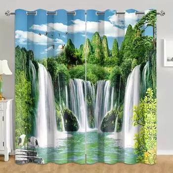 2 шт./комплект летний и весенний пейзаж дерево лес река камень водопад узор занавеска цифровая печать гостиная занавеска 2x50W130H(CM)&Rod Pocket