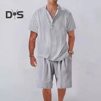 2 шт./комплект, летний мужской повседневный спортивный костюм, рубашка с V-образным вырезом и коротким рукавом, эластичный пояс, широкие штанины, карманы, шорты, комплект 3XL хаки