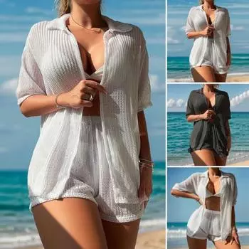 2 шт./комплект летний накидка комплект рубашка шорты комплект быстросохнущая пляжная одежда с отворотом короткий рукав ажурный дизайн разрез S белый