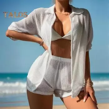 2 шт./комплект летний накидка комплект рубашка шорты комплект быстросохнущая пляжная одежда с отворотом короткий рукав ажурный дизайн разрез S чёрный