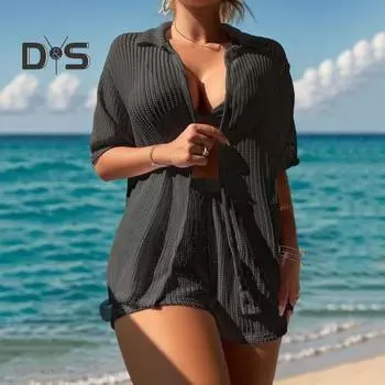 2 шт./комплект летний накидка комплект рубашка шорты комплект быстросохнущая пляжная одежда с отворотом короткий рукав ажурный дизайн разрез S чёрный