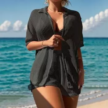 2 шт./комплект летний накидка комплект рубашка шорты комплект быстросохнущая пляжная одежда с отворотом короткий рукав ажурный дизайн разрез S белый