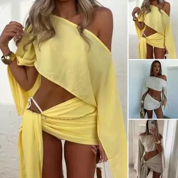 2 шт./комплект летний повседневный костюм с покатыми плечами и длинными рукавами, топы с высокой талией, мини-юбка на шнуровке, комплект с защитой от ультрафиолета, быстросохнущий наряд S бежевый