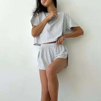 2 шт./комплект летняя домашняя одежда топ и брюки костюм полосатая пижама свободная одежда для сна короткая S чёрный