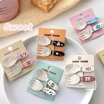 2 шт./комплект модная акриловая ложка вилка заколка для волос торт креативная милая заколка утконос челка заколка для женщин девушка кавайные аксессуары для волос Little Bear + Bow Tie