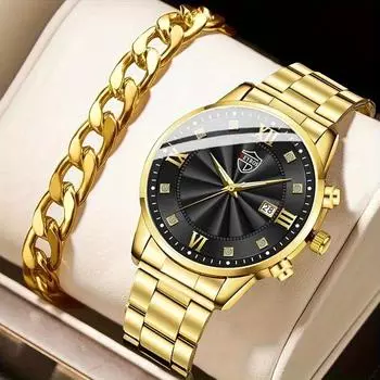 2 шт./комплект модные кварцевые часы с календарем, роскошные деловые наручные часы из нержавеющей стали, идеальный выбор для подарков