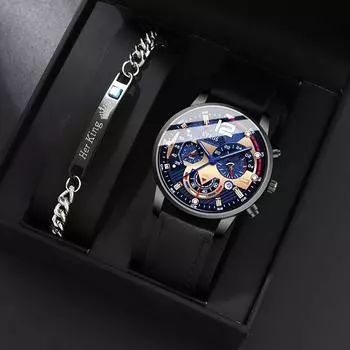 2 шт./комплект, модные мужские деловые аналоговые кварцевые часы из искусственной кожи с календарем и мужской повседневный браслет, подарочный набор