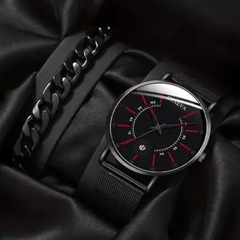 2 шт./комплект модные мужские деловые часы с сетчатым ремешком кварцевые часы классические креативные наручные часы с календарем и браслетом