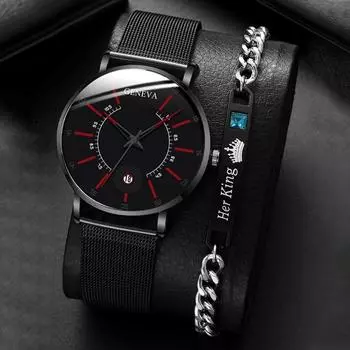 2 шт./комплект модные мужские деловые часы с сетчатым ремешком кварцевые часы классические креативные наручные часы с календарем и браслетом