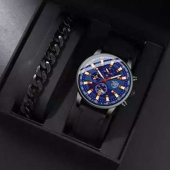 2 шт./комплект, модные мужские деловые часы с календарем из искусственной кожи, кварцевые часы и мужской браслет, лучшие подарки для него