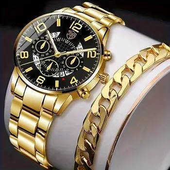 2 шт./комплект модные мужские деловые кварцевые наручные часы из нержавеющей стали с указателем и браслетом