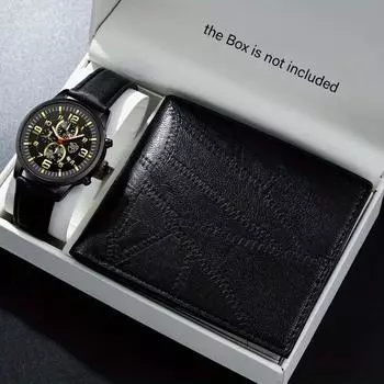 2 шт./комплект, модные мужские повседневные аналоговые кварцевые наручные часы из искусственной кожи и роскошный мужской кошелек, подарки на День отца
