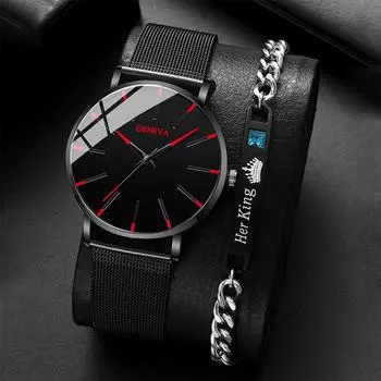 2 шт./комплект, модные мужские повседневные деловые кварцевые часы с сетчатым ремешком и мужской браслет, подарки на День отца