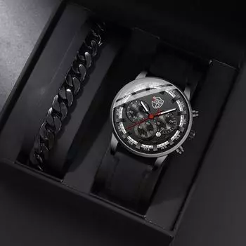 2 шт./комплект, модные мужские повседневные кварцевые часы из искусственной кожи и мужской браслет, идеальный выбор для подарков