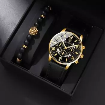 2 шт./комплект, модные мужские роскошные деловые кварцевые часы с ремешком из искусственной кожи, идеальный выбор для подарков