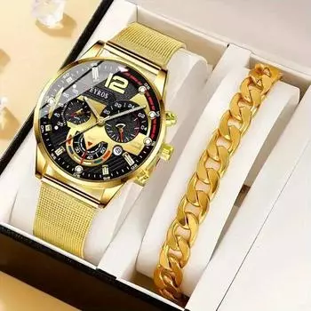 2 шт./комплект модных кварцевых часов Mem s Calendar, повседневные мужские наручные часы из нержавеющей стали с сетчатым ремешком и мужской браслет