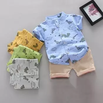2 шт./комплект модный детский костюм для мальчика летняя повседневная одежда комплект топ шорты комплект детской одежды принт динозавра для мальчиков детские костюмы детская одежда 80 жёлтый