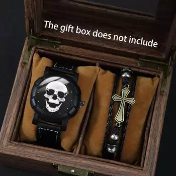 2 шт./комплект мужские часы, модные повседневные деловые мужские кварцевые часы с черепом, мужской ремешок из искусственной кожи, браслет с крестом и браслет с черепом, подарок на Хэллоуин