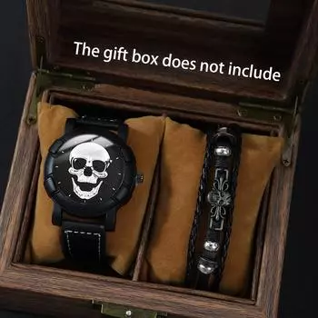 2 шт./комплект мужские часы, модные повседневные деловые мужские кварцевые часы с черепом, мужской ремешок из искусственной кожи, браслет с крестом и браслет с черепом, подарок на Хэллоуин