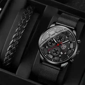 2 шт./комплект мужские деловые спортивные кварцевые часы из нержавеющей стали с сетчатым ремешком наручные часы и браслет, День отца, День святого Валентина, подарки для него