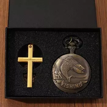 2 шт./комплект, мужские карманные часы, 1 шт. карманные кварцевые часы в стиле ретро с рисунком рыбалки и 1 шт. мужское винтажное классическое ожерелье с золотым крестом