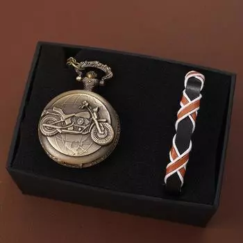 2 шт./комплект, мужские карманные часы, мужские модные классические «мотоциклетные» медные карманные часы с ожерельем и 1 повседневным браслетом, идеальный выбор для подарков мужчинам